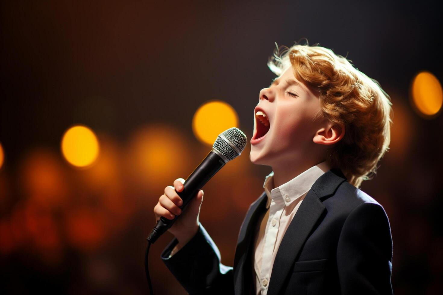 AI generated a young boy kid singing bokeh style background photo