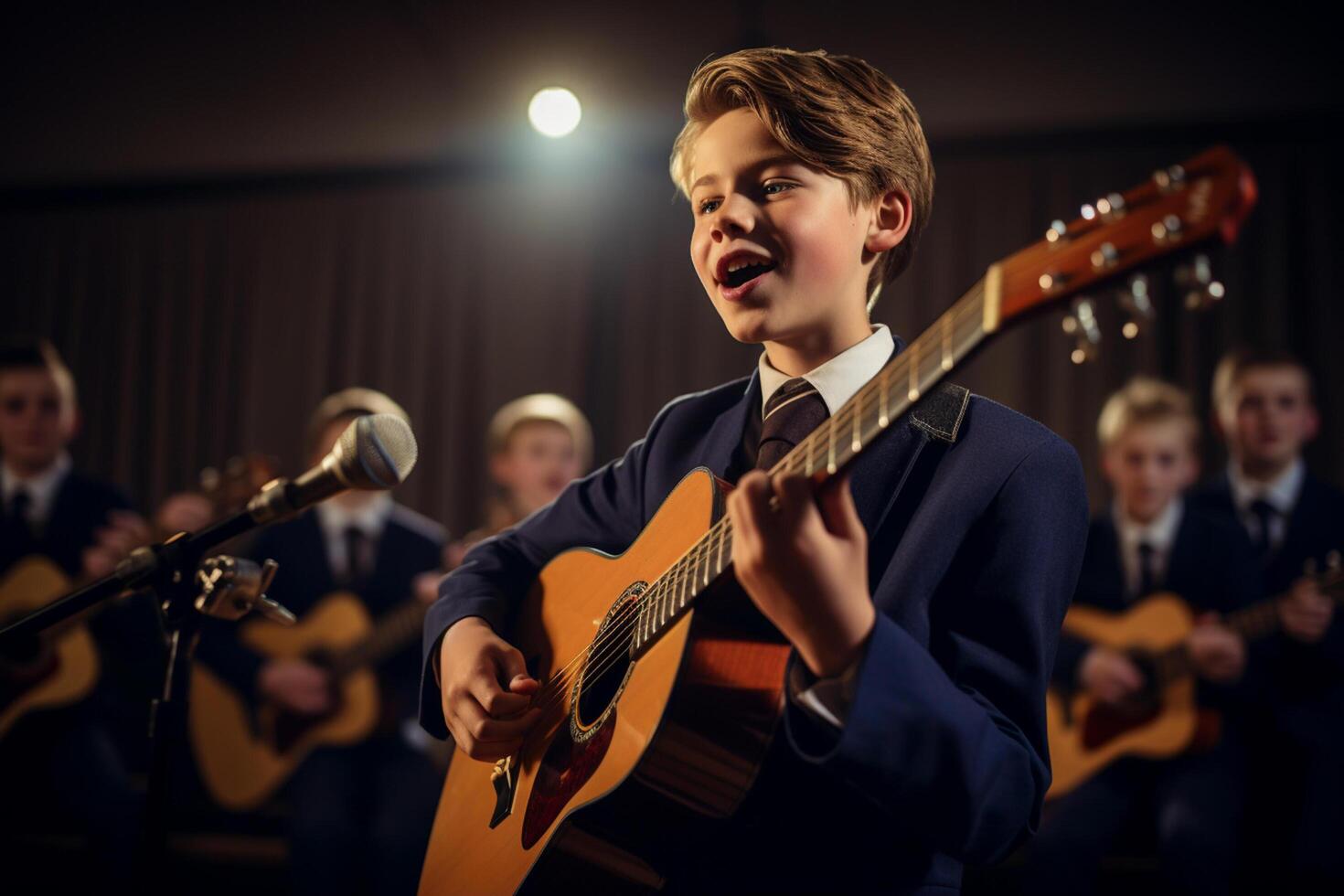 AI generated young boy singing and playing acoustic guitar bokeh style background with generative ai photo