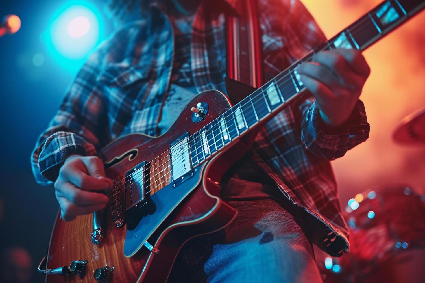 AI generated male guitarist playing electric guitar in the hard music concert bokeh style background with generative ai photo