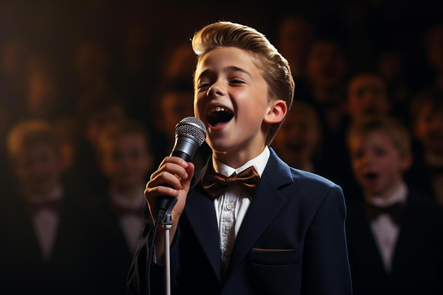 AI generated a young boy kid singing bokeh style background photo