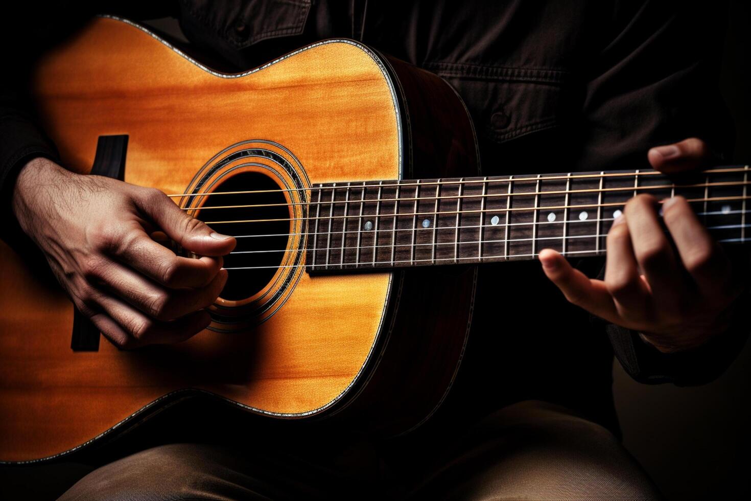 ai generado cerca arriba de mano jugando acústico guitarra con generativo ai foto