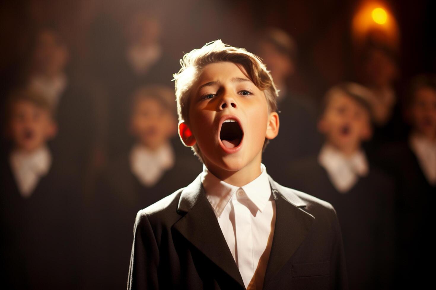 AI generated a young boy kid singing bokeh style background photo