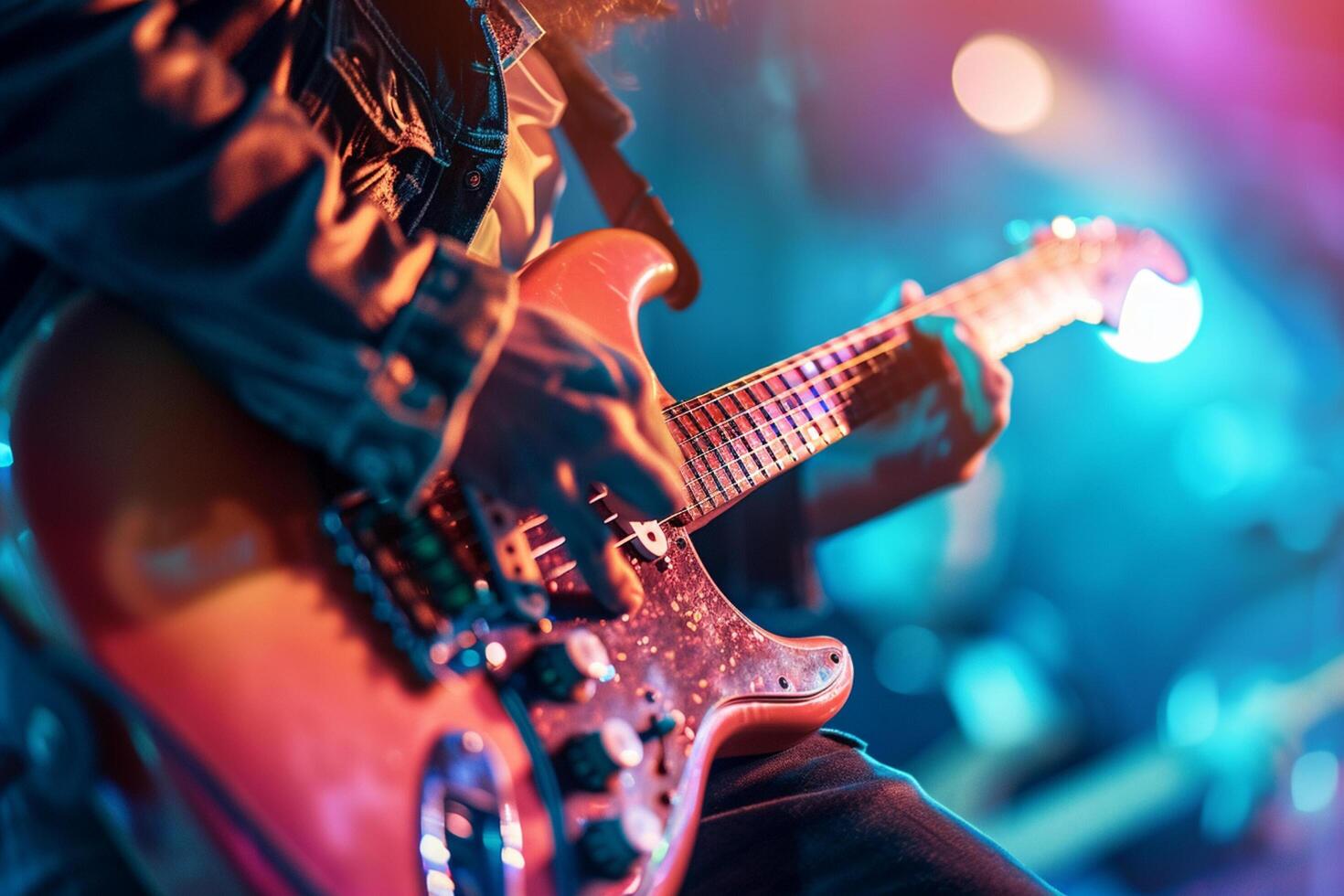 AI generated male guitarist playing electric guitar in the hard music concert bokeh style background with generative ai photo