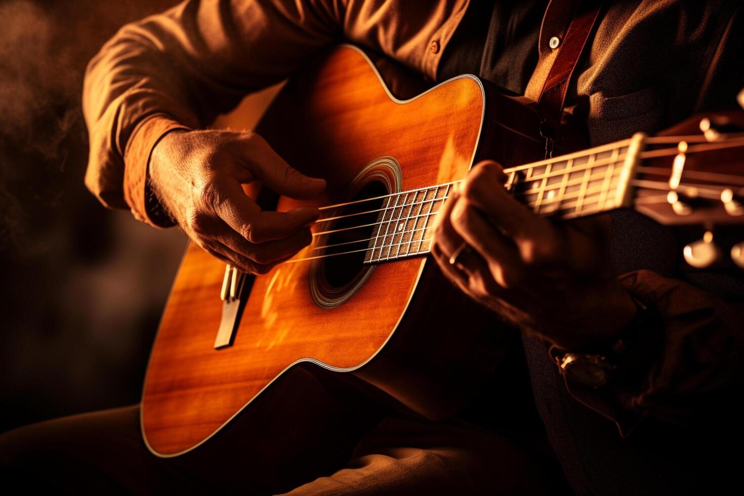 ai generado cerca arriba de mano jugando acústico guitarra bokeh estilo antecedentes foto