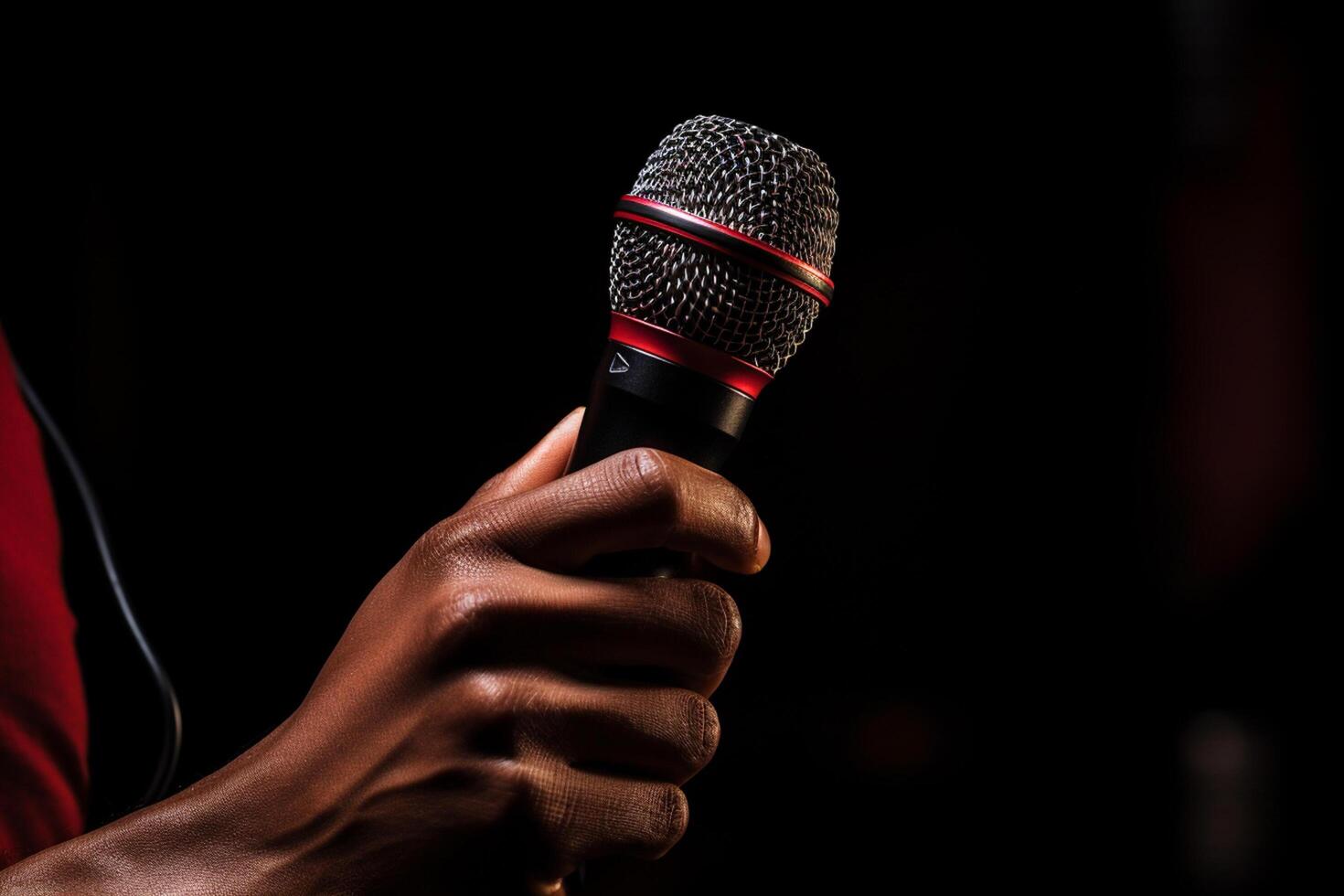 AI generated close up of hand holding microphone bokeh style background with generative ai photo