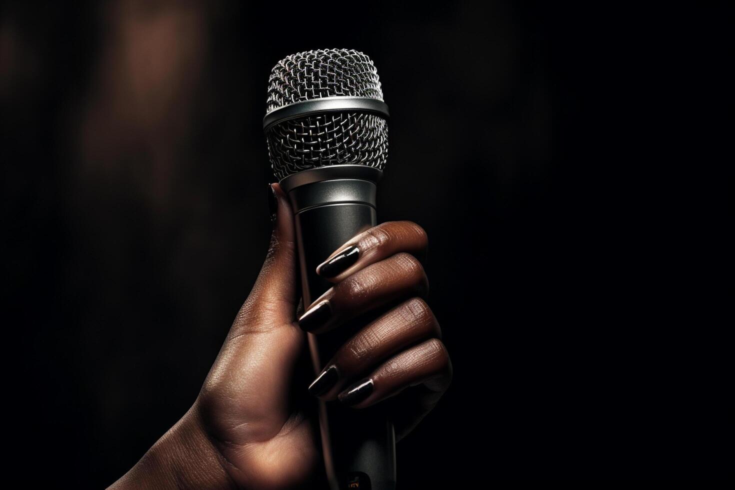 AI generated close up of hand holding microphone bokeh style background with generative ai photo