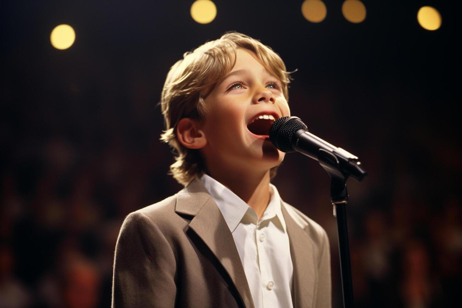 AI generated a young boy kid singing bokeh style background photo