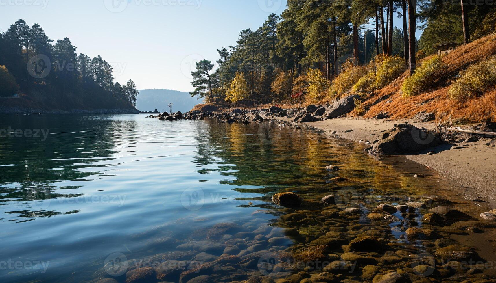 AI generated Tranquil scene autumn forest reflects in peaceful mountain pond generated by AI photo