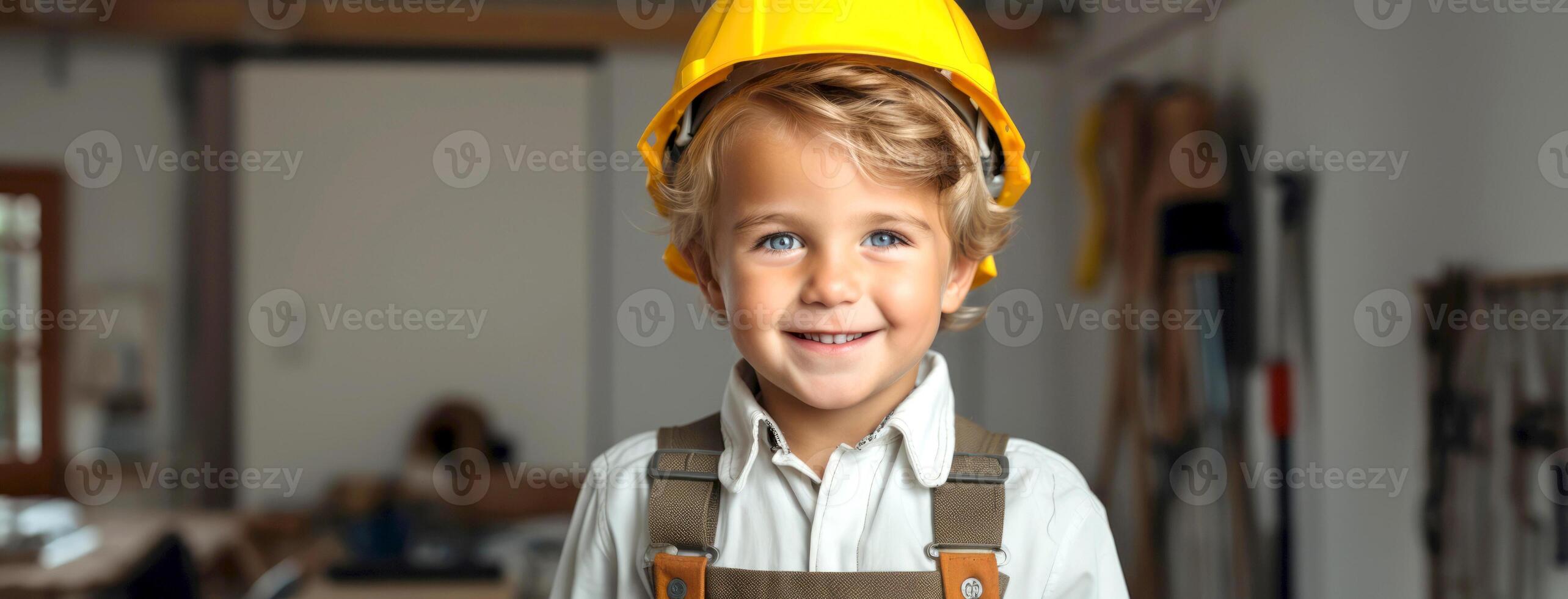 ai generado niño en difícil sombrero fingiendo a ser constructor foto