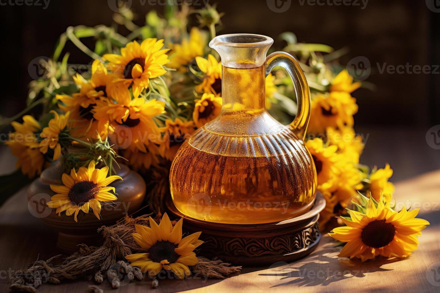 AI generated Amber Jug with Oil Amongst Sunflowers photo