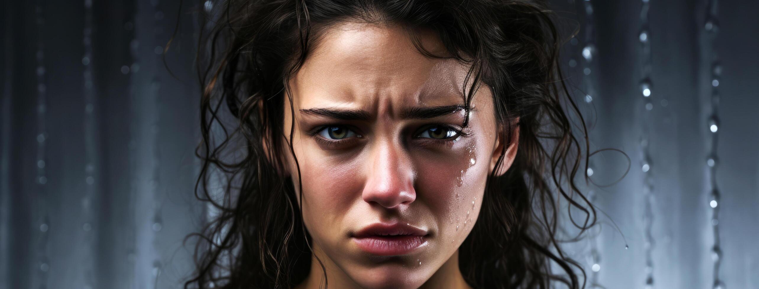 AI generated Tearful Woman with Rainy Window Background photo