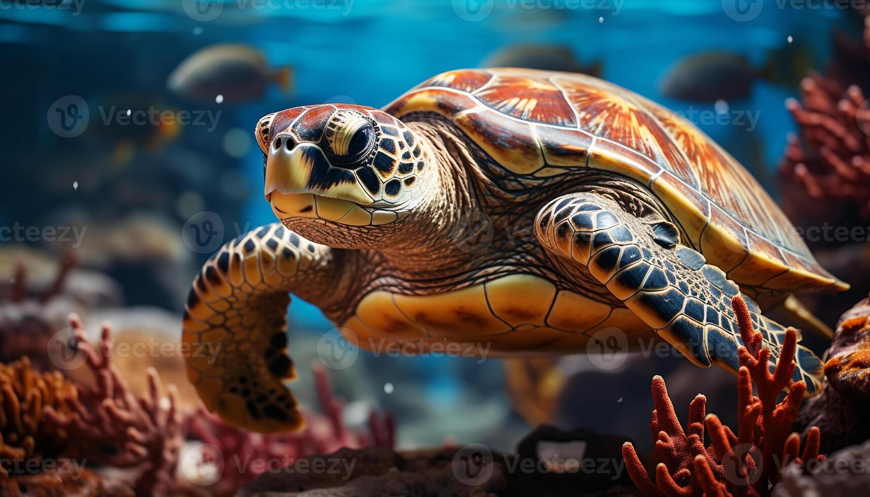 AI generated A beautiful sea turtle swimming in the colorful underwater reef generated by AI photo