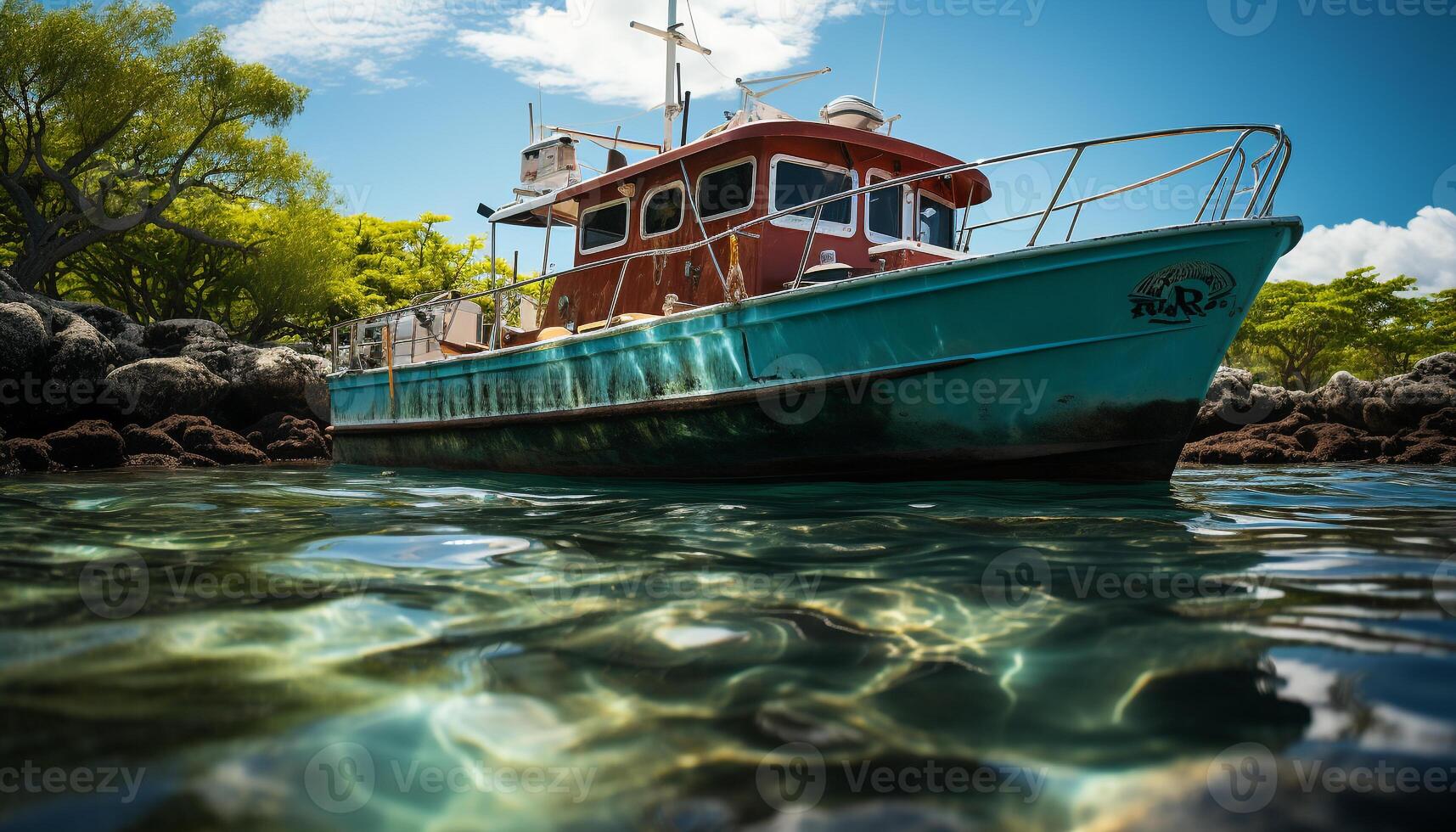 AI generated Sailing ship on tranquil water, nature beauty in leisure activity generated by AI photo