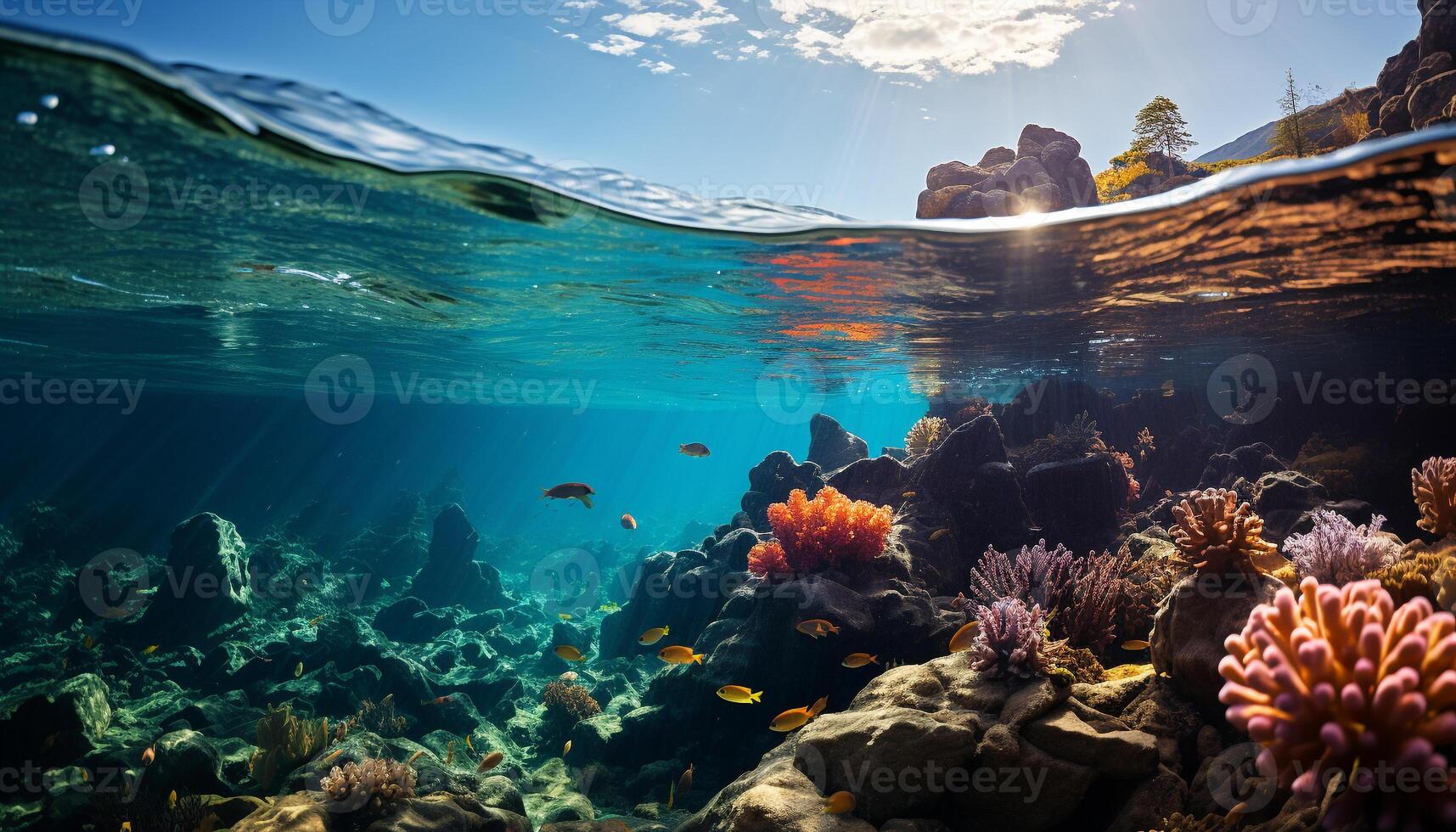 AI generated Underwater adventure fish swim in multi colored coral reef generated by AI photo