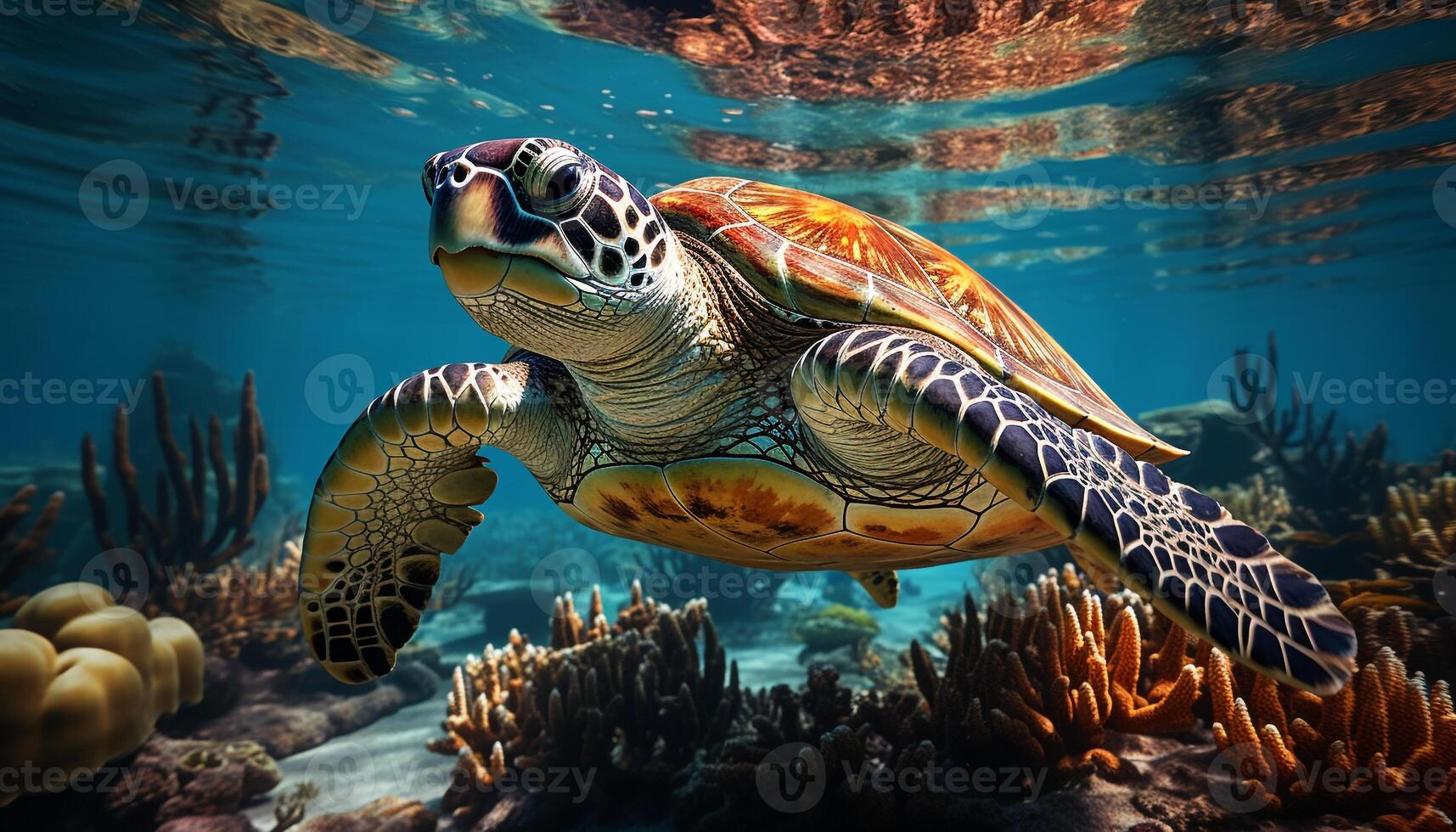 AI generated Underwater turtle swimming in blue sea, surrounded by coral reef generated by AI photo