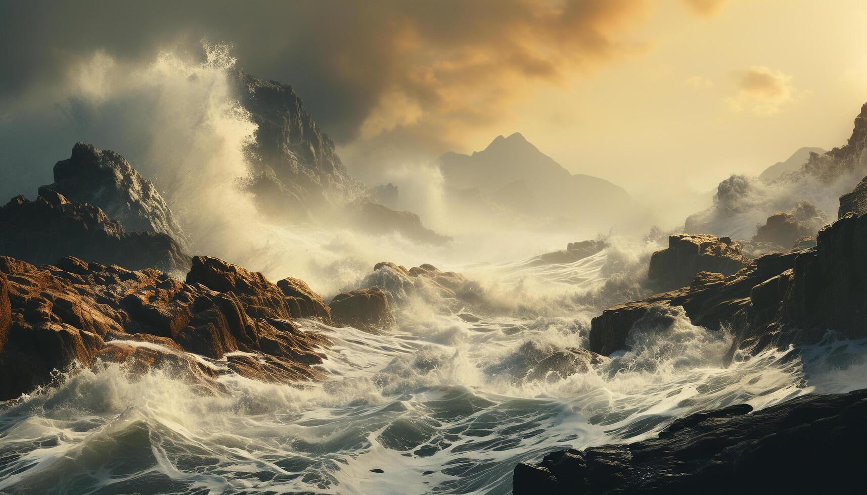 AI generated Dramatic sky, breaking wave, mountain peak, sunset, nature beauty generated by AI photo