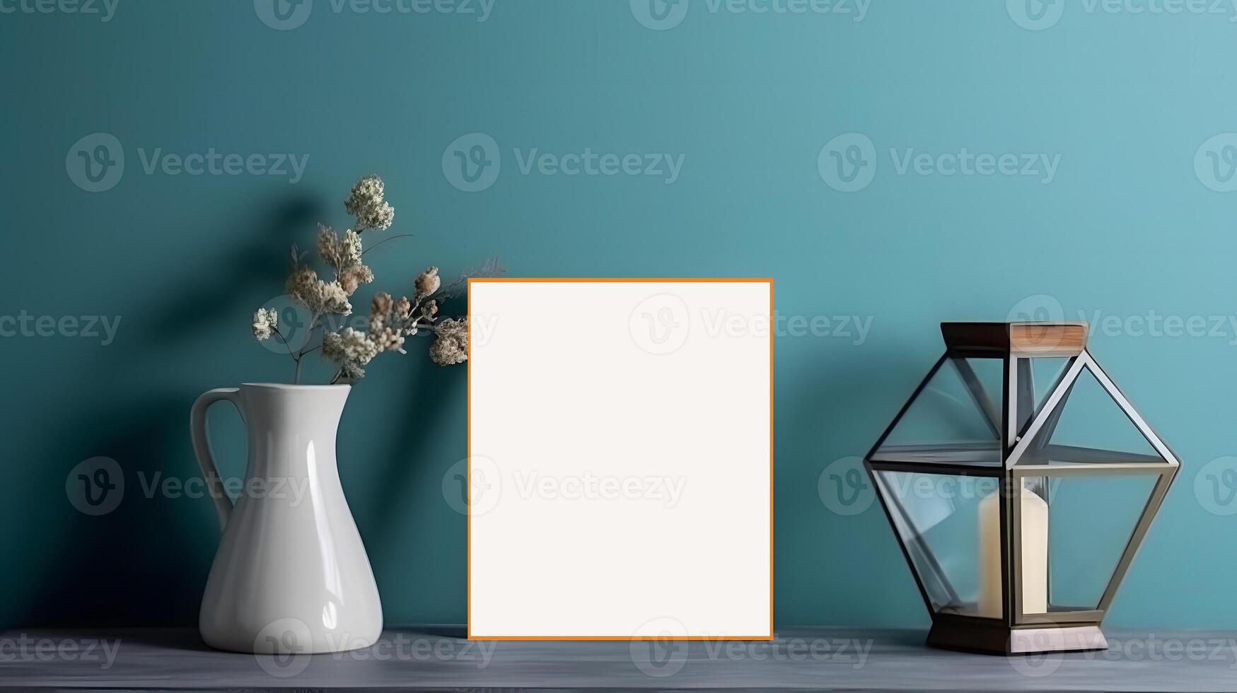 AI generated Mockup of empty photo frame on blue wall decorated with flowers and vases