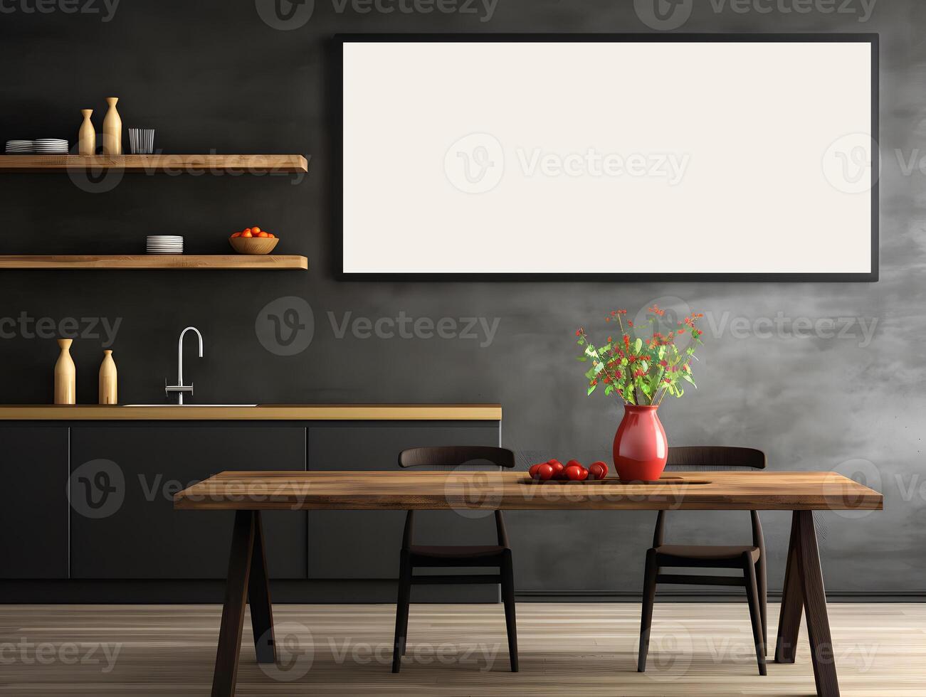 AI generated Mockup of a poster frame in a black dining room photo