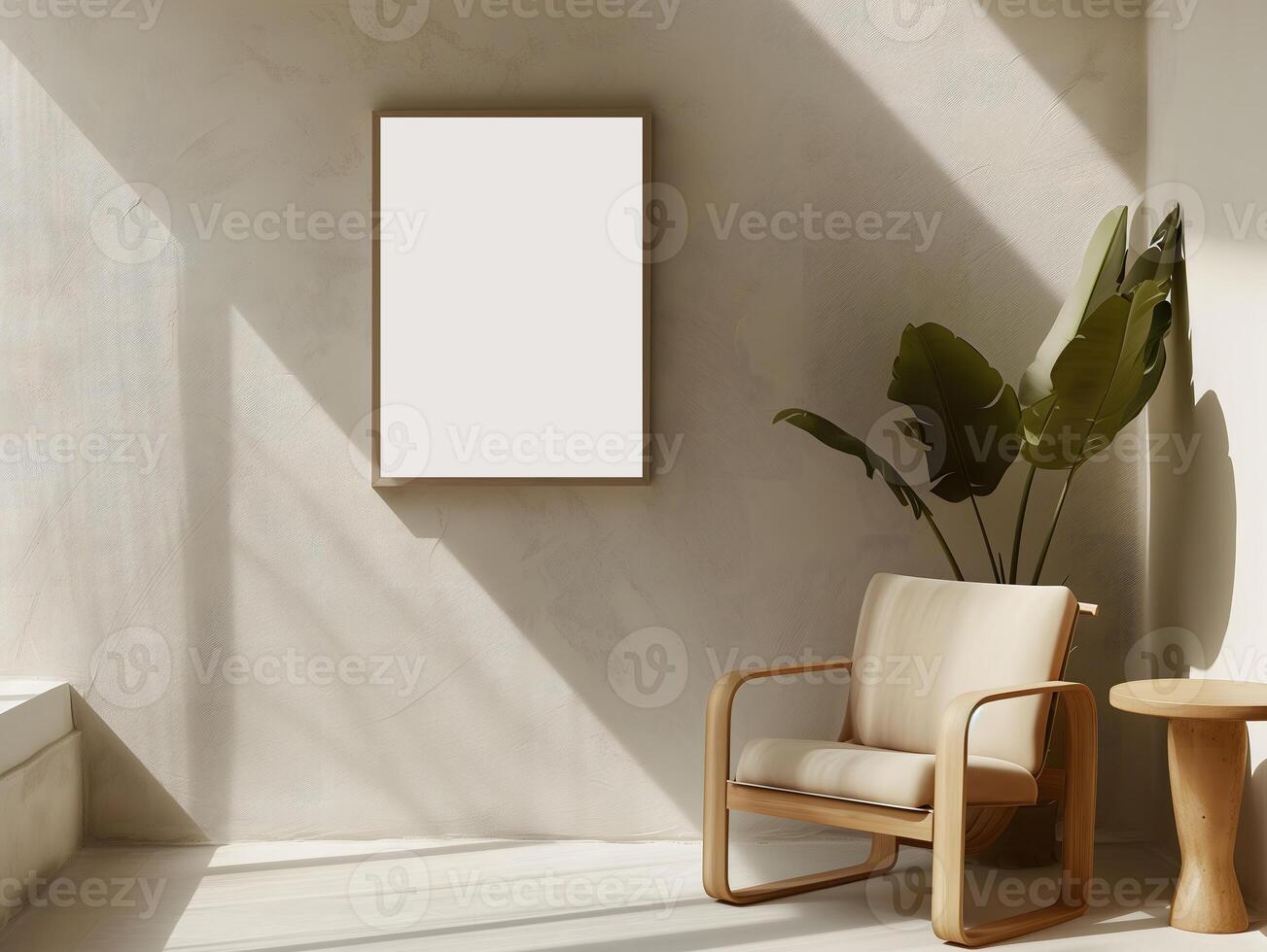 AI generated Empty photo frame mockup on a white wall Decorate with flowers and vases.