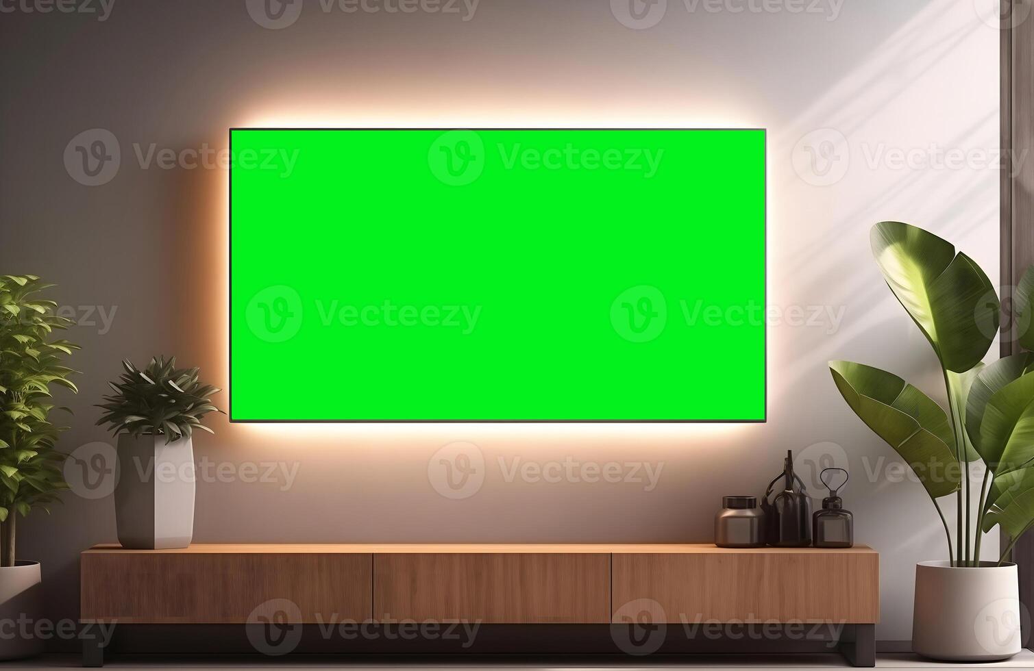 AI generated Empty picture frame simulation wall Modern living room design, with elegant decorations. photo