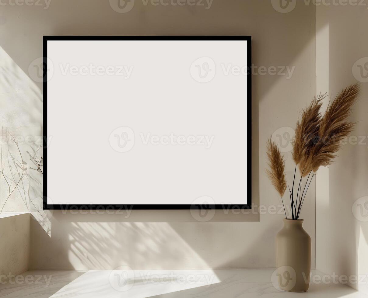 AI generated Empty photo frame mockup on a white wall Decorate with flowers and vases.