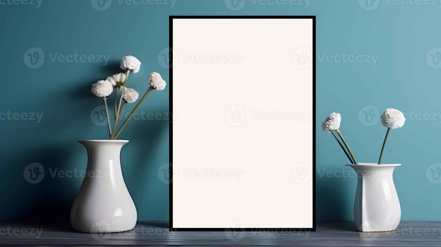 AI generated Mockup of empty photo frame on blue wall decorated with flowers and vases