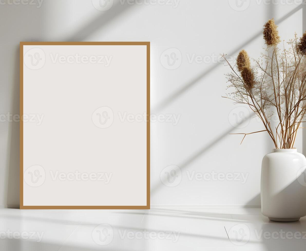 ai generado vacío foto marco Bosquejo en un blanco pared Decorar con flores y jarrones