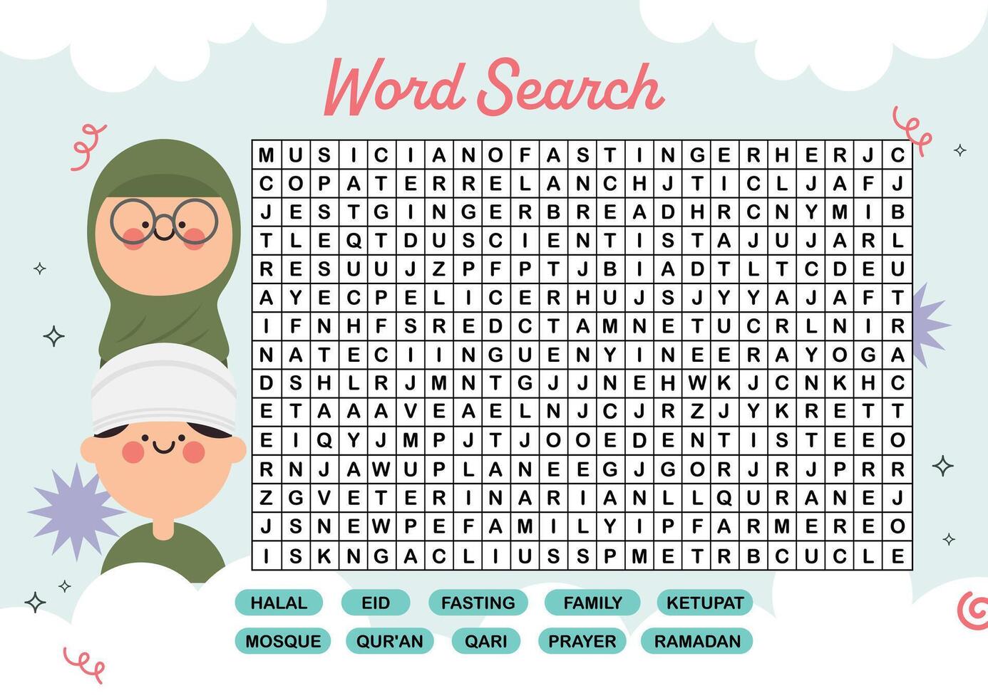flat design vector cute kawaii Eid Mubarak ramadan crossword word search worksheet printable for kids activity