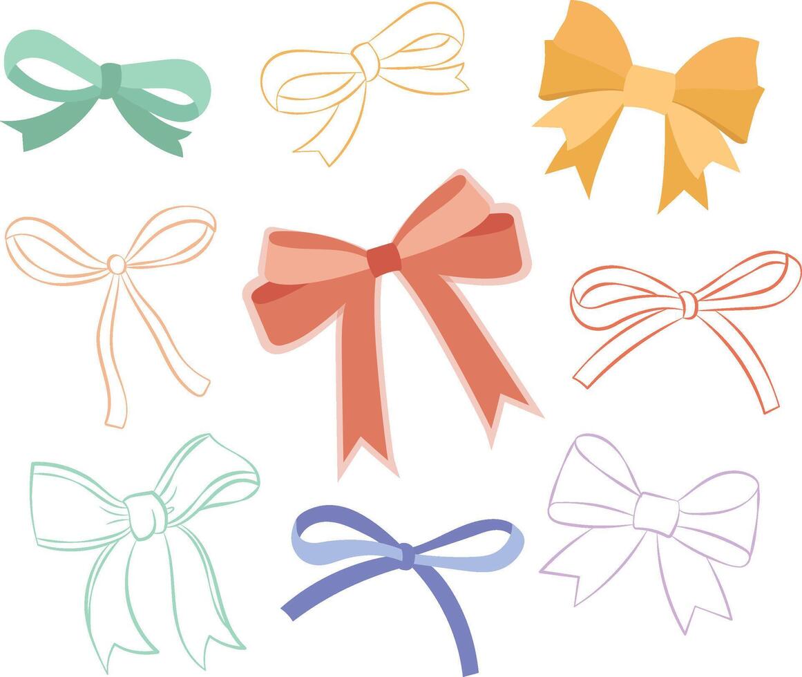 flat design vector cute kawaii bow ribbon gift doodle cartoon drawing art set collection
