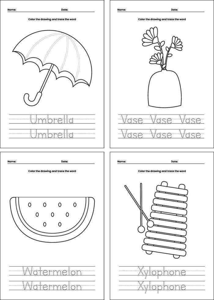 flat design vector printable coloring page worksheet for kids activity handwriting practice