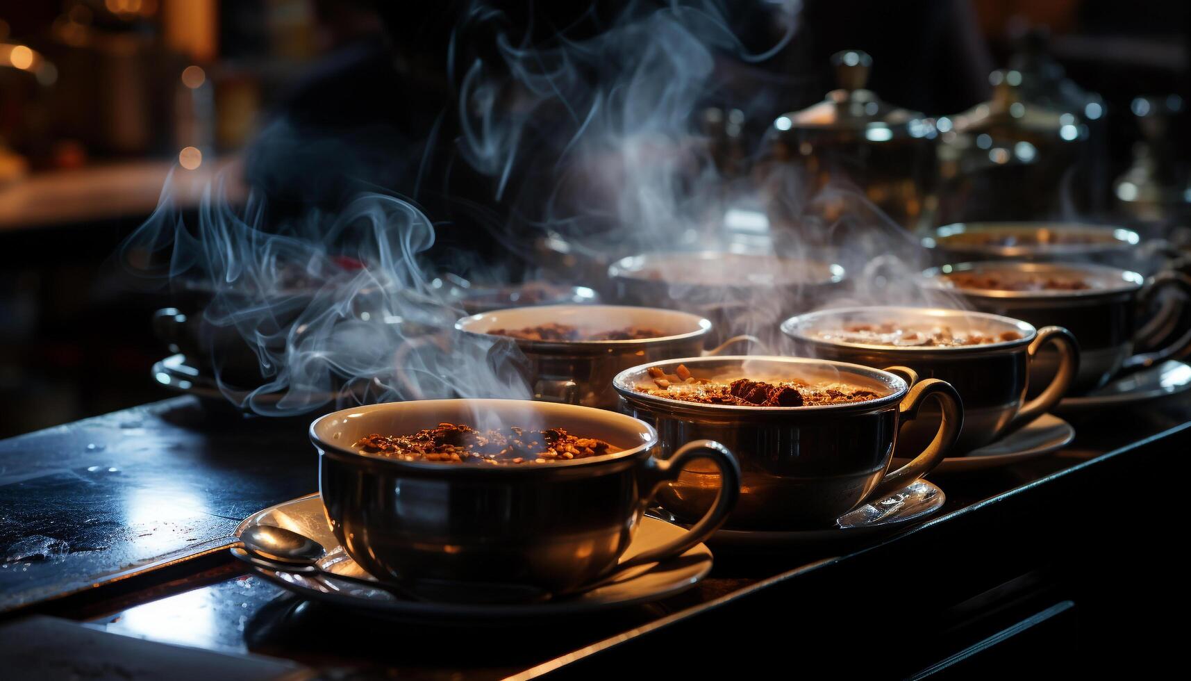 AI generated Hot coffee steams on table, refreshing drink for gourmet freshness generated by AI photo