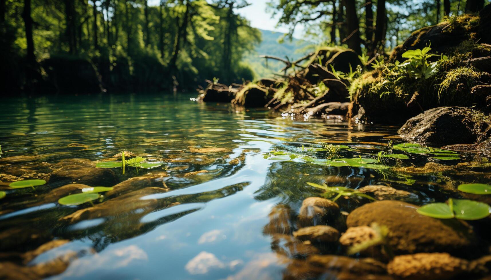 AI generated Tranquil scene green forest, flowing water, animals swimming in pond generated by AI photo