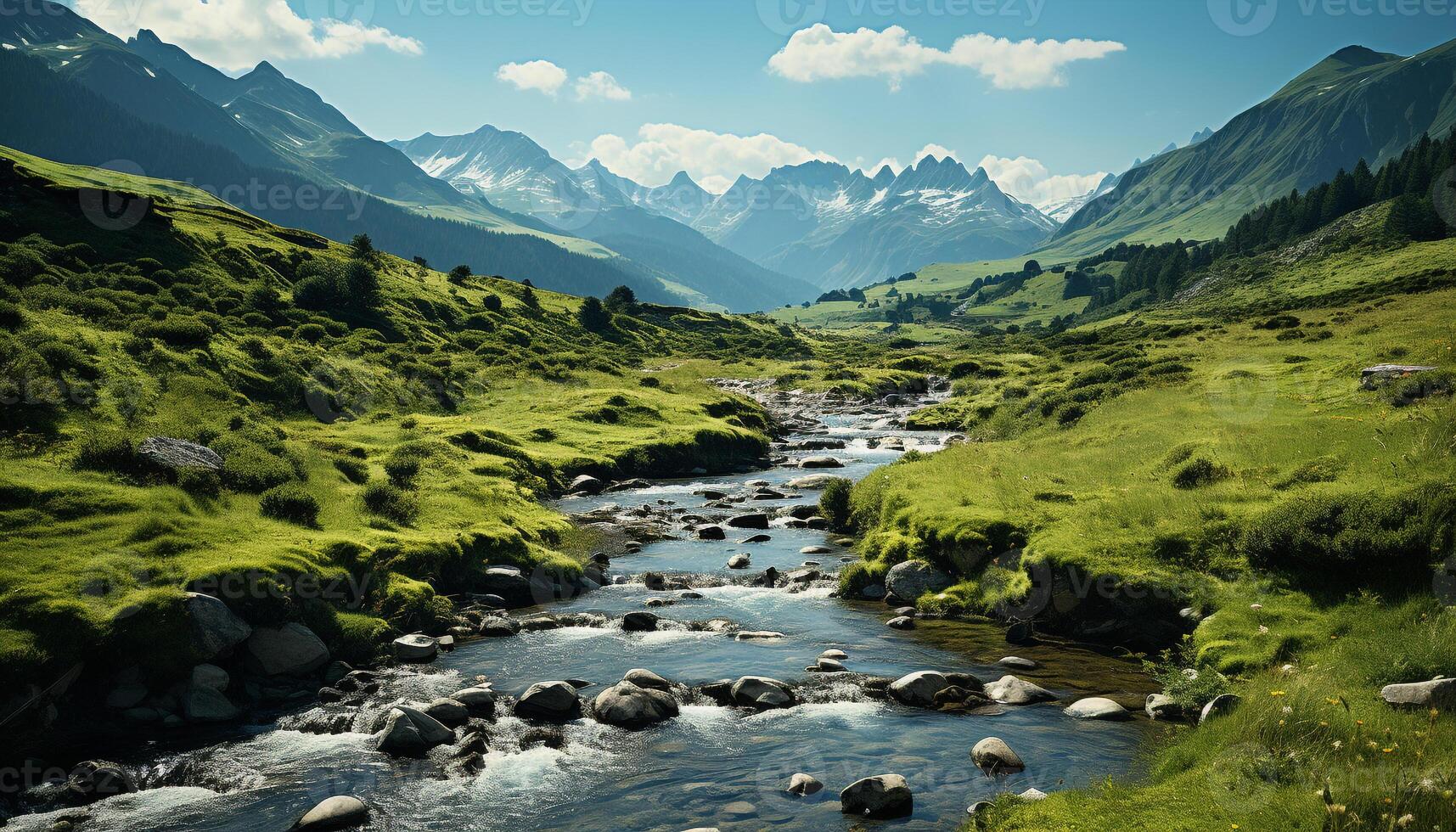 AI generated Majestic mountain peak reflects tranquil flowing water in panoramic landscape generated by AI photo