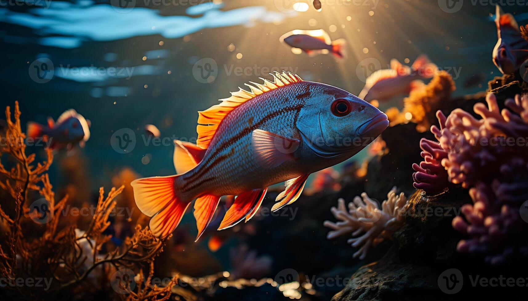 AI generated Underwater fish swimming in colorful reef, natural beauty in motion generated by AI photo