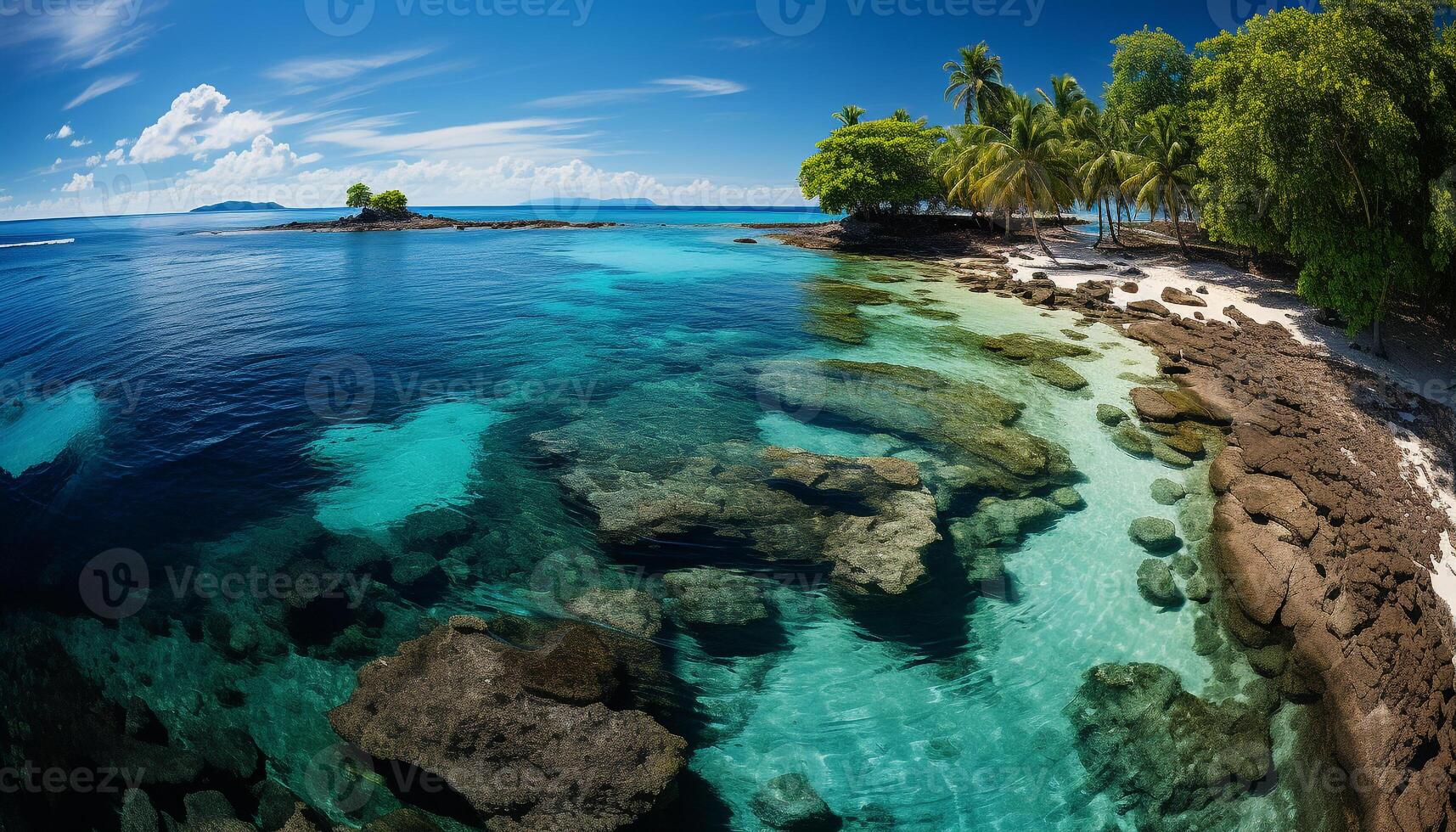 ai generado tropical paraíso turquesa agua, palma árboles, y tranquilo línea costera generado por ai foto