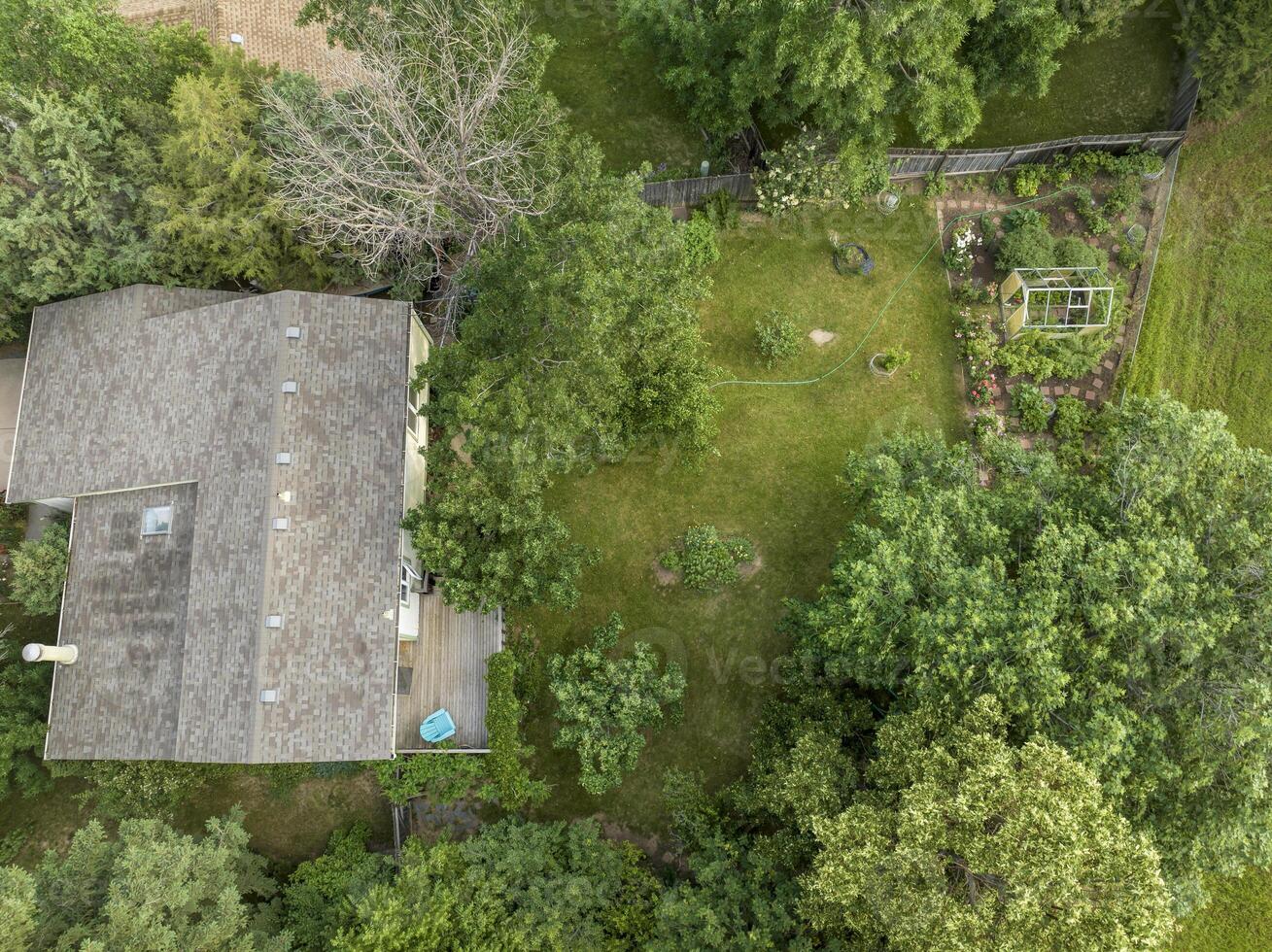 aerial view of a residential house and a green backyard with garden in summer scenery photo