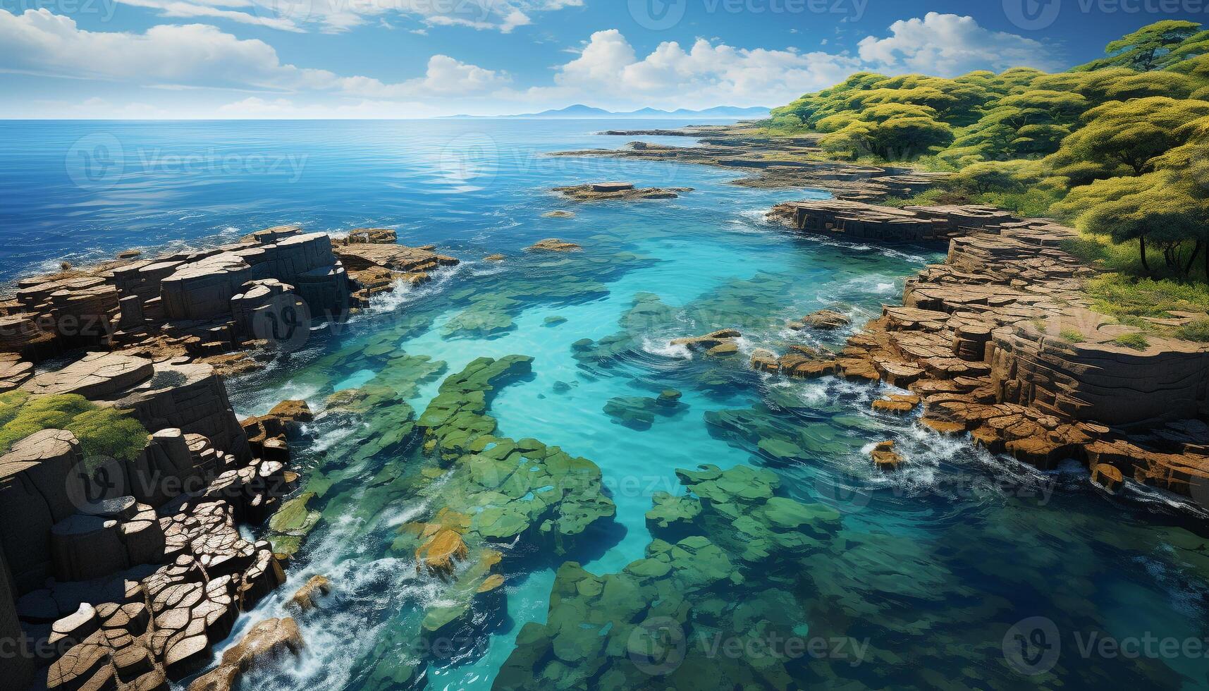 AI generated Idyllic sunset over tranquil waters, green cliffs reflect natural beauty generated by AI photo