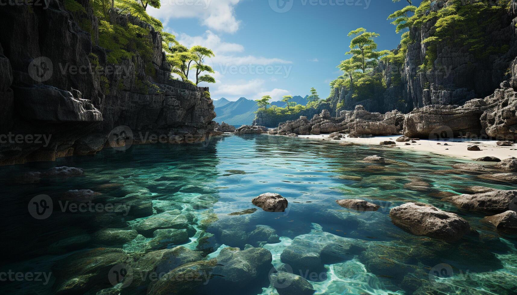 AI generated Tranquil scene rock, water, cliff, mountain nature beauty reflected generated by AI photo