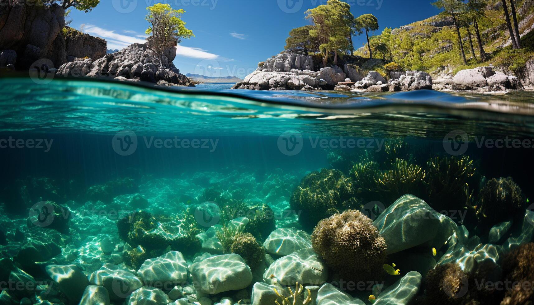 AI generated Underwater fish swim in the deep blue sea, exploring coral generated by AI photo