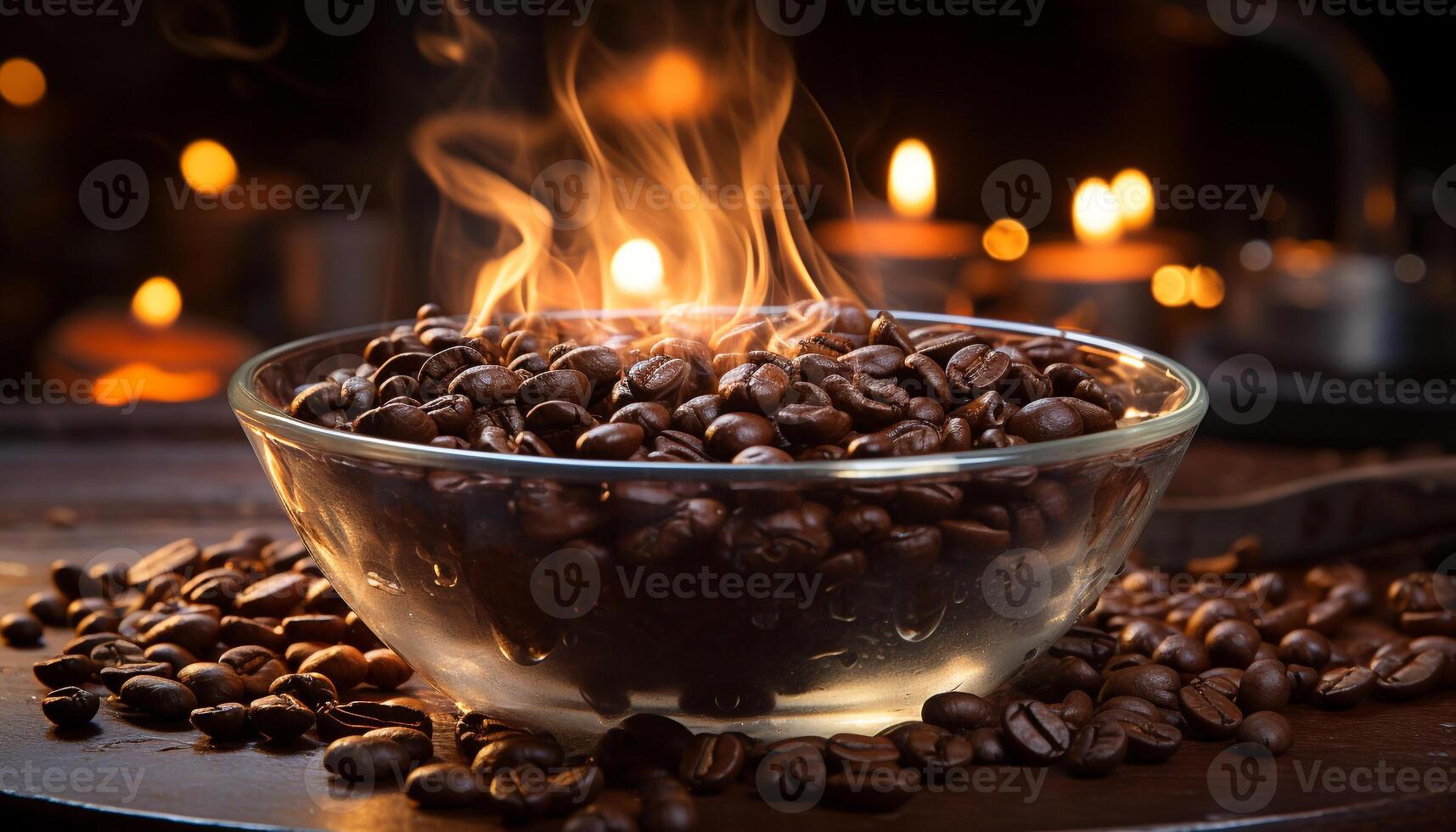 AI generated Freshness and heat in a close up of a dark coffee bean generated by AI photo