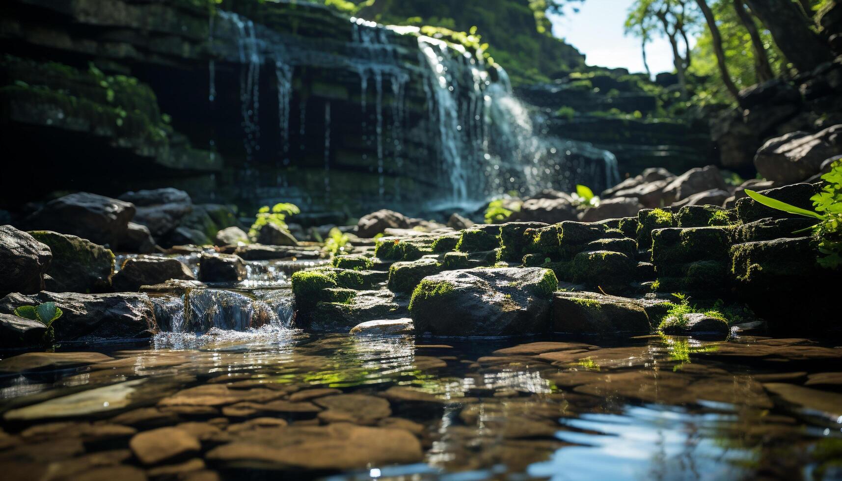 AI generated The flowing water reflects the beauty of the green landscape generated by AI photo