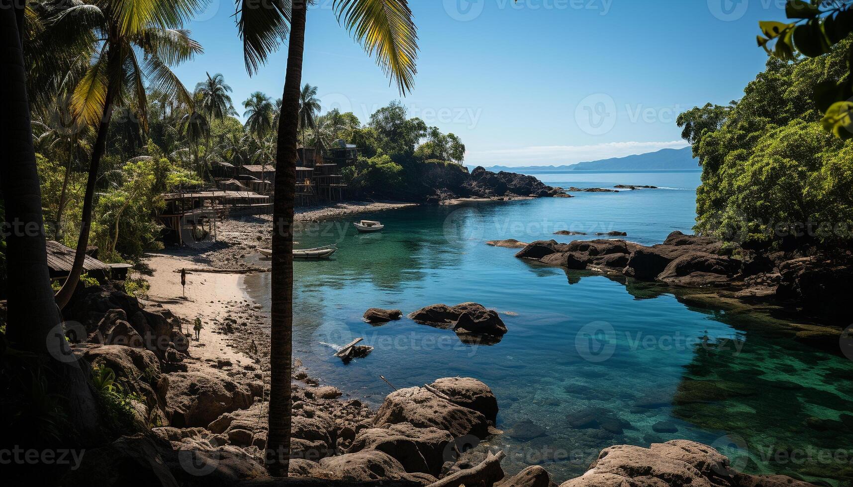 ai generado tranquilo puesta de sol terminado tropical línea costera, un Perfecto verano vacaciones generado por ai foto