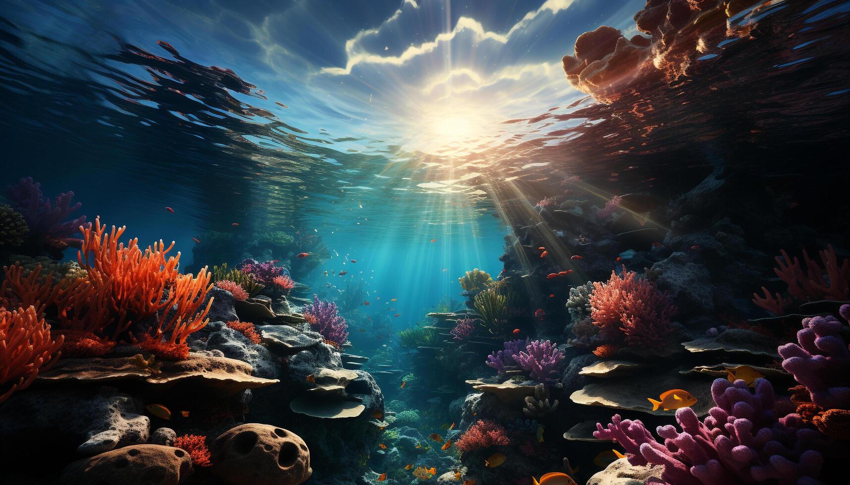 AI generated Underwater reef, nature fish, water animal, coral blue, deep scuba diving generated by AI photo