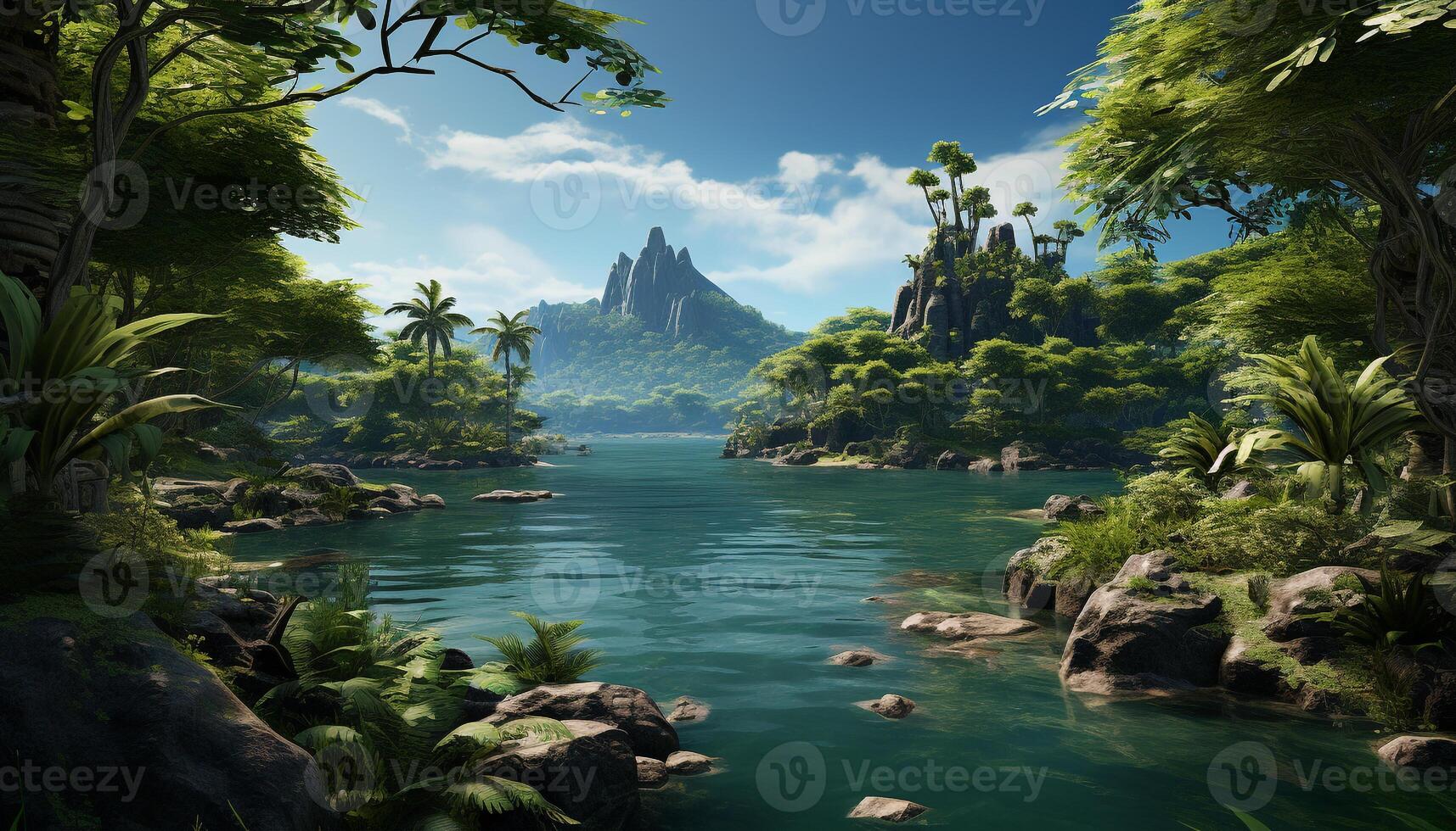 AI generated Tranquil scene tropical rainforest, mountain range, reflection in pond generated by AI photo