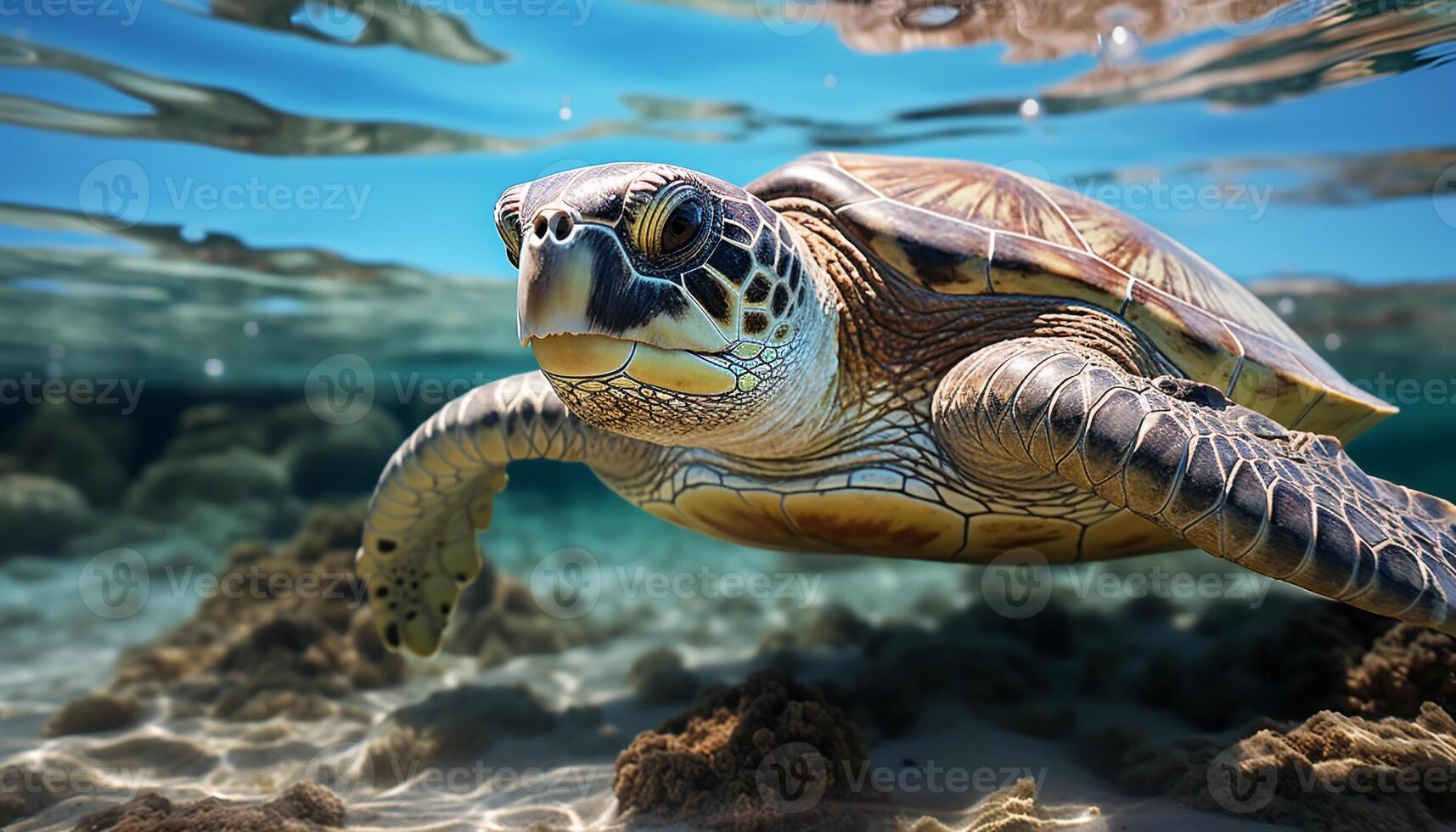 AI generated A beautiful sea turtle swimming in the blue underwater generated by AI photo