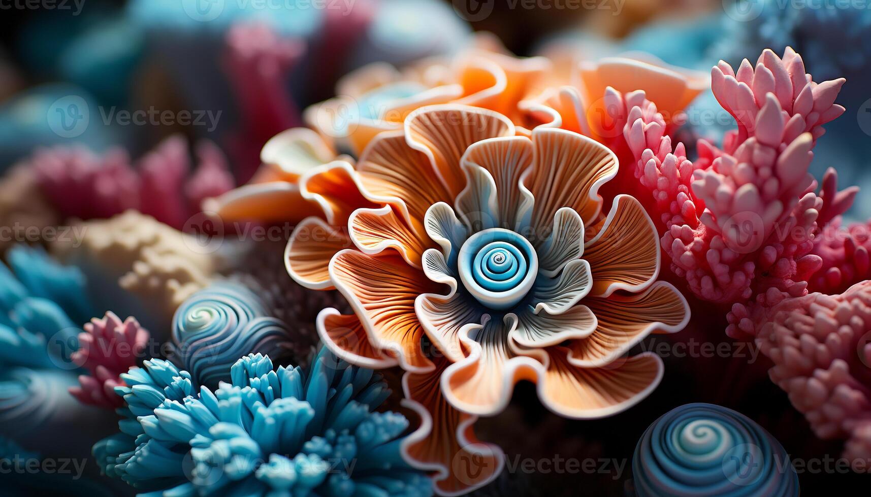 AI generated Underwater reef fish in multi colored coral decoration, blue backgrounds generated by AI photo