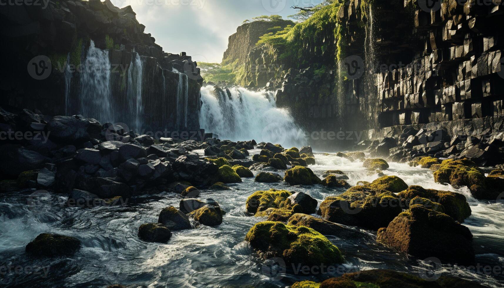 ai generado majestuoso montaña roca, fluido agua, tranquilo escena, panorámico puesta de sol generado por ai foto