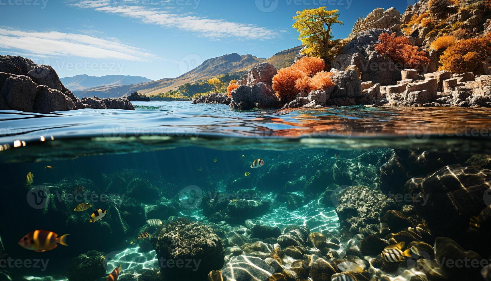 AI generated Underwater adventure fish swim below the blue coral reef generated by AI photo