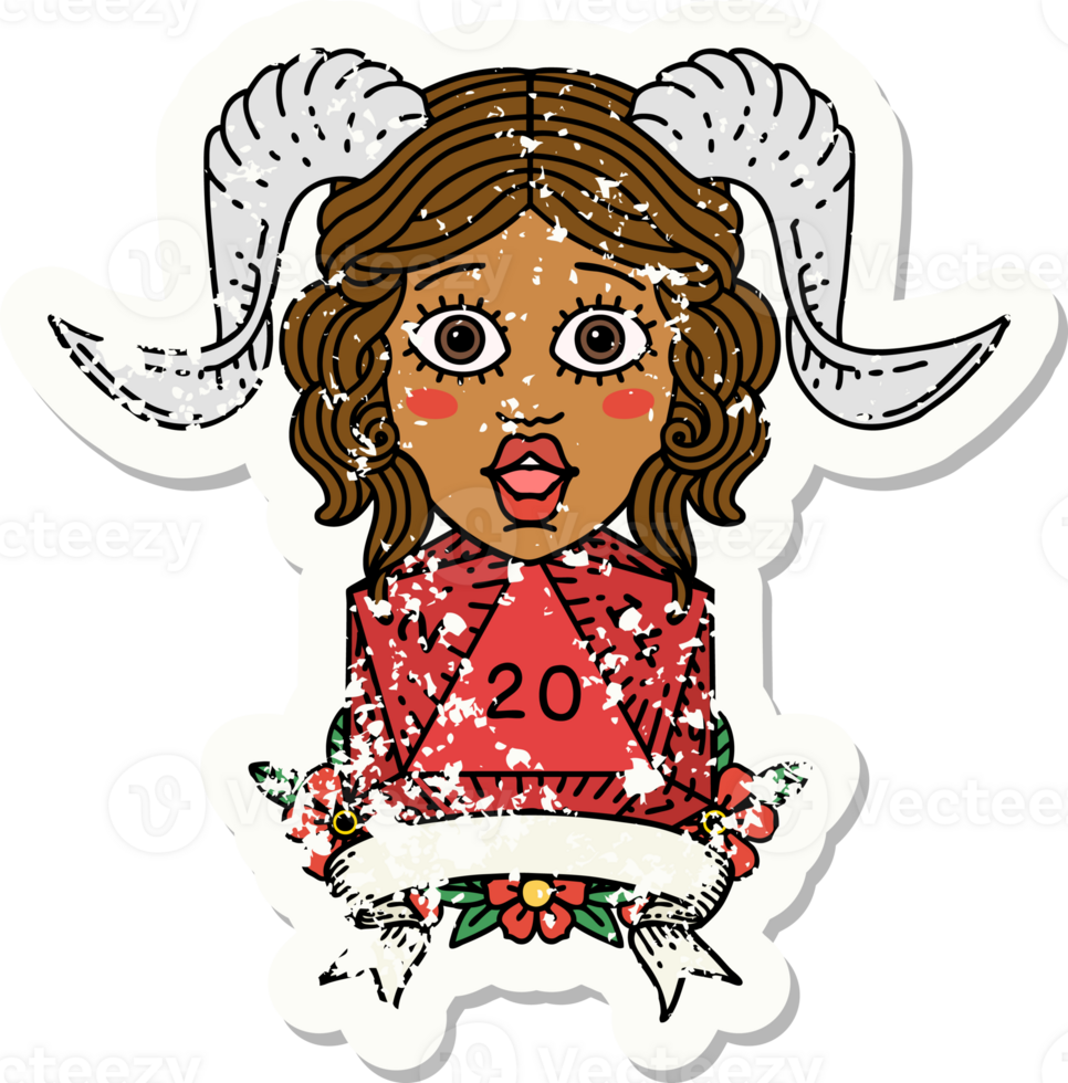 Retro Tattoo Style tiefling with natural twenty dice roll png