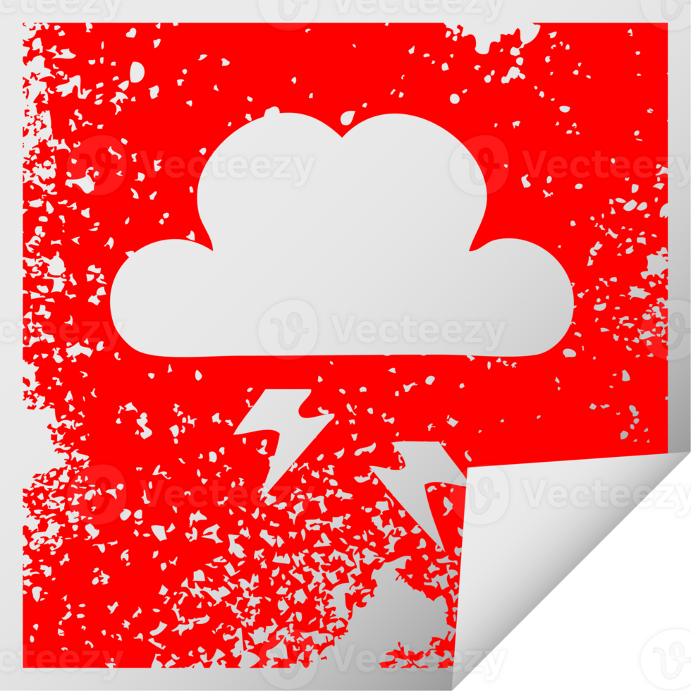 distressed square peeling sticker symbol of a thunder cloud png